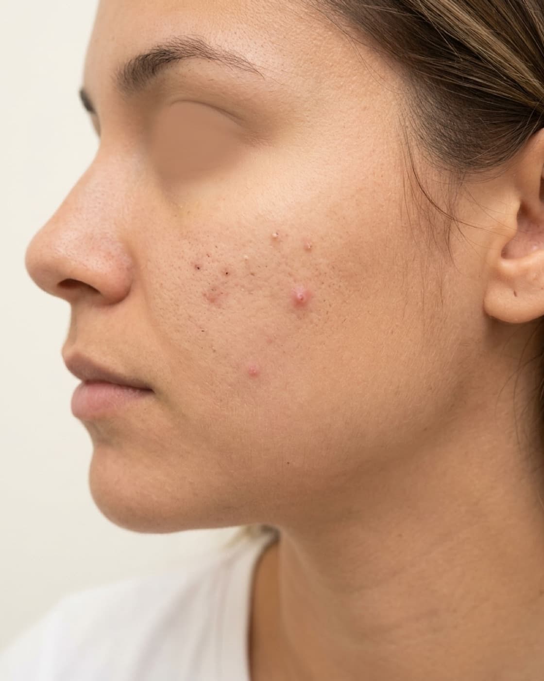 Rosto de perfil com acne inflamatória na bochecha: pápulas avermelhadas e pequenas pústulas