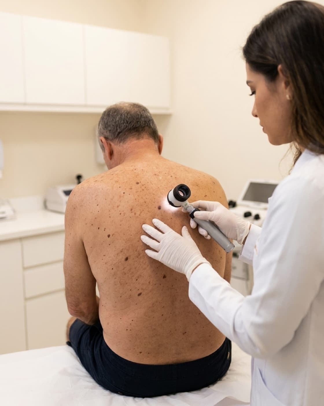 Dermatologista examina com dermatoscópio as pintas nas costas de um paciente