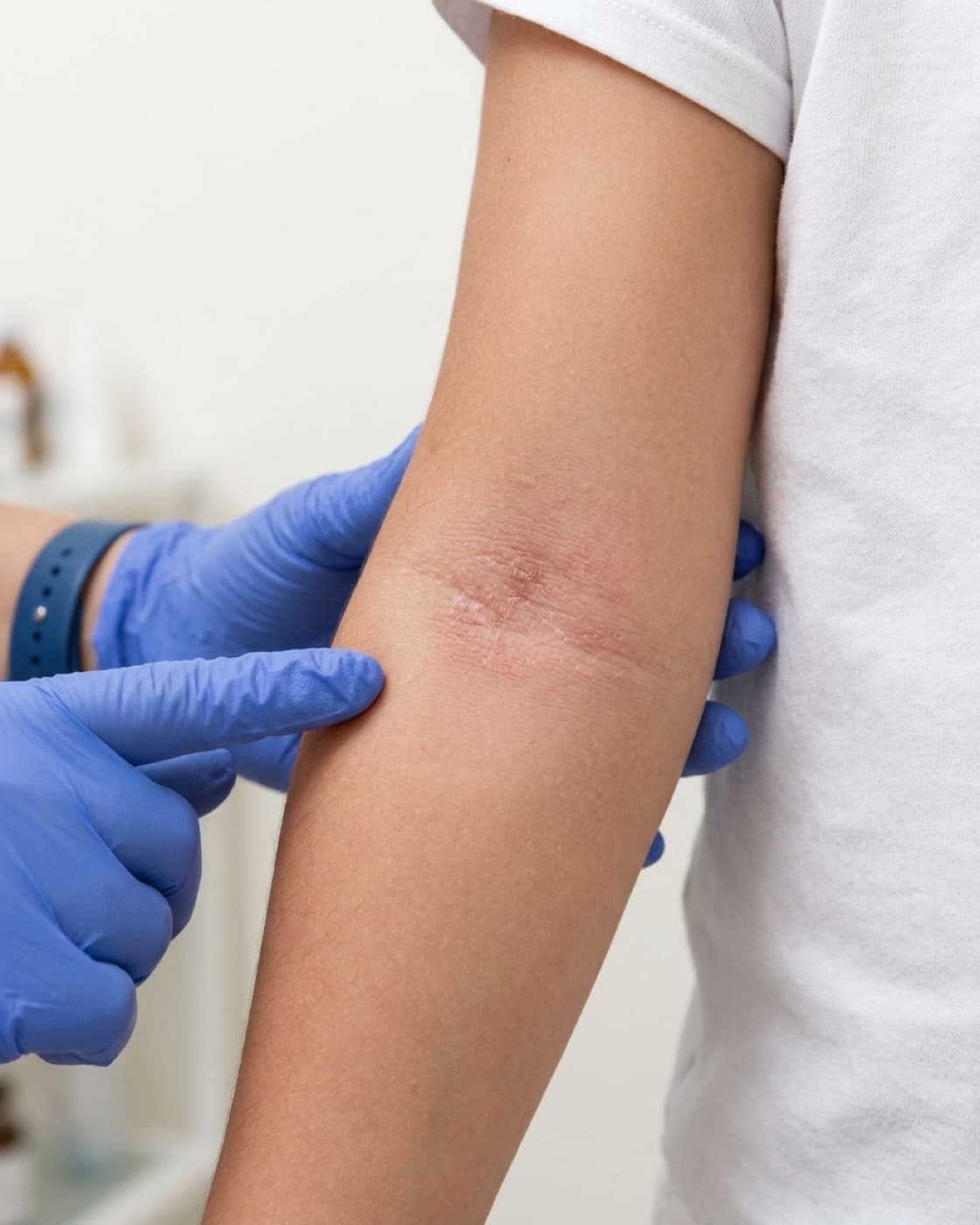 Dermatologista examina área de pele seca e avermelhada na dobra do braço