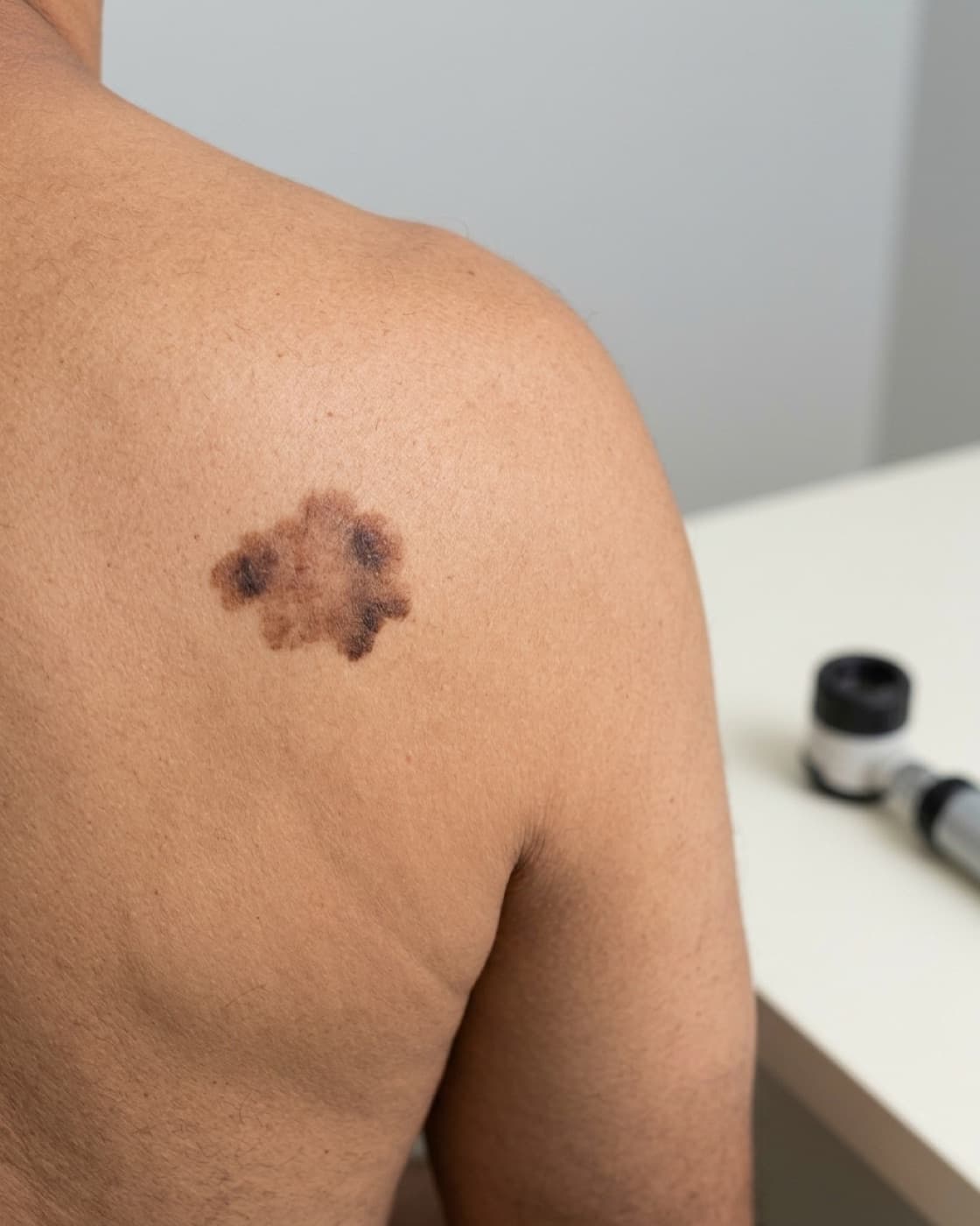 Pinta nas costas com assimetria, bordas irregulares e várias tonalidades de marrom