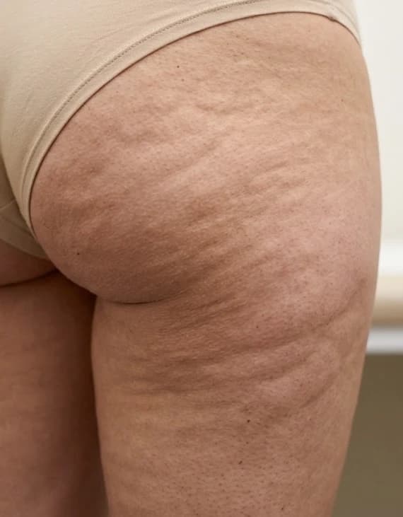 Celulite na região dos glúteos e na parte de trás da coxa, com relevo em casca de laranja e depressões