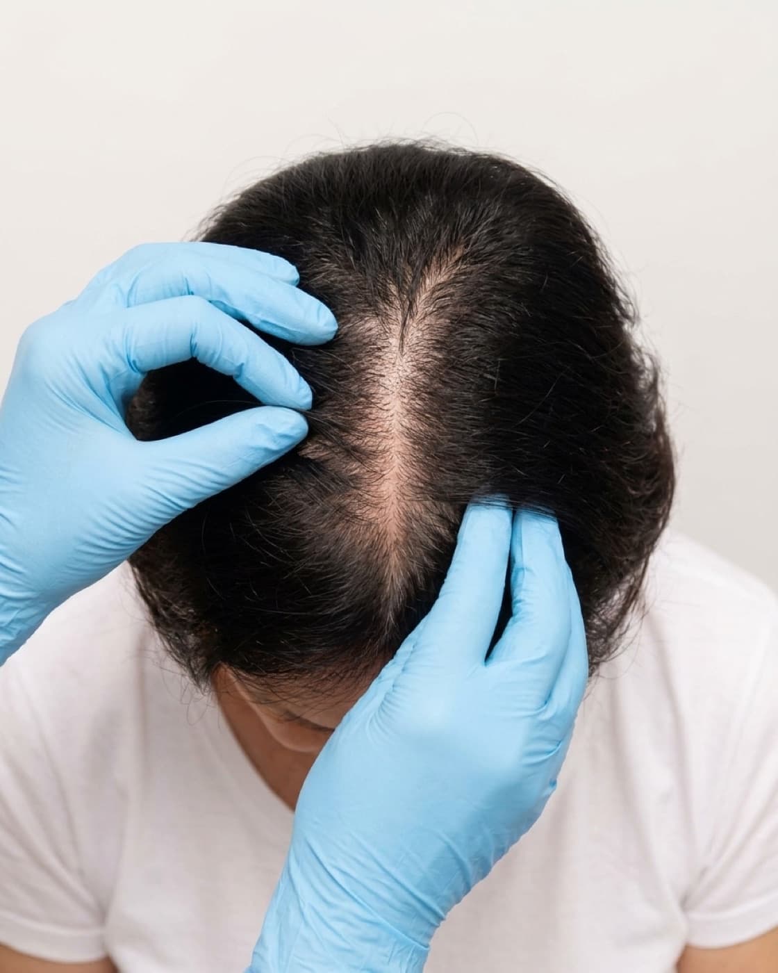 Dermatologista examina o couro cabeludo de uma mulher com afinamento dos fios