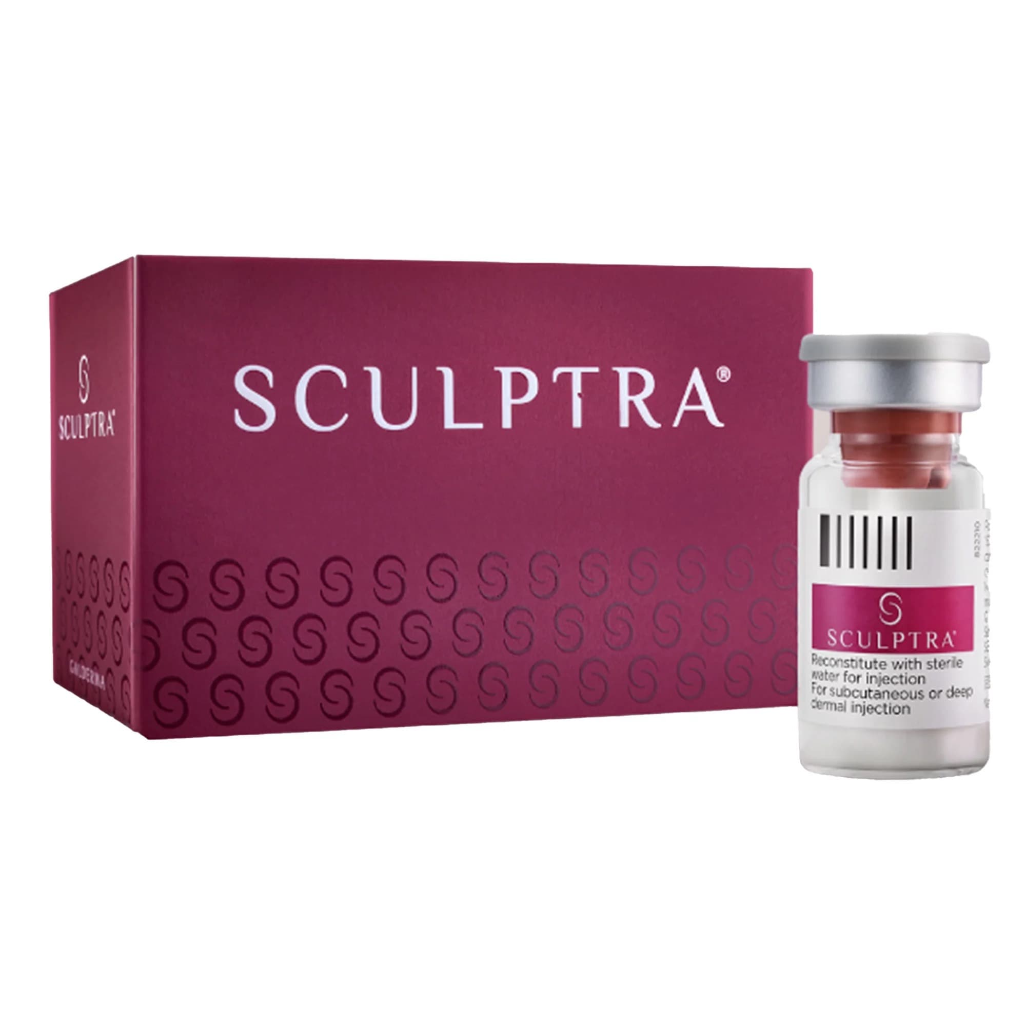 Embalagem e frasco de Sculptra® (ácido poli-L-lático), bioestimulador de colágeno
