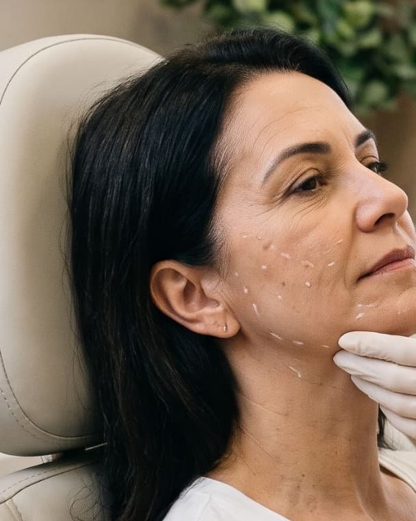Mulher madura com pontos de marcação na bochecha e no contorno da mandíbula, com a mão enluvada da médica apoiada no queixo