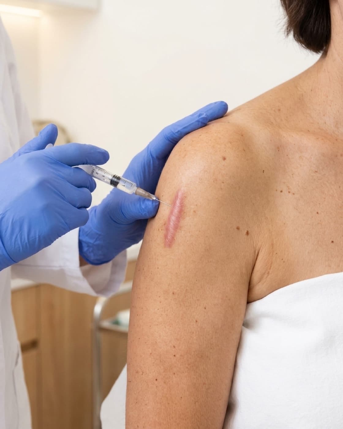 Dermatologista aplica injeção em uma cicatriz elevada no ombro