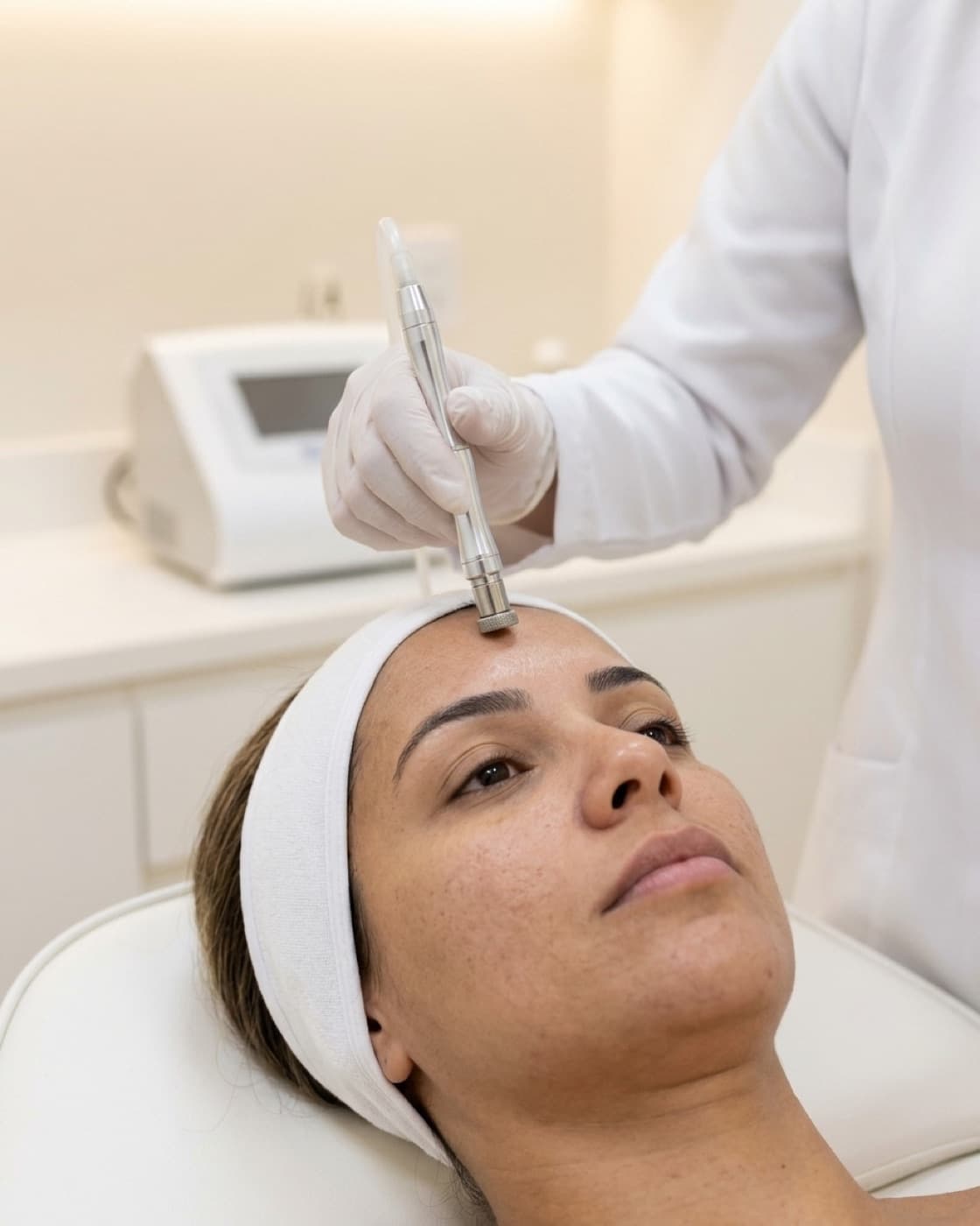 Profissional faz peeling de diamante na testa de uma mulher deitada em maca